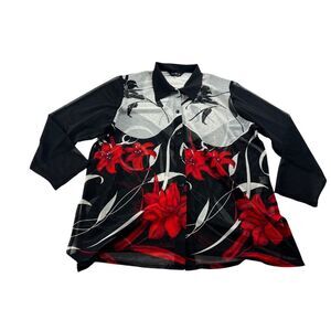 Modelia Button Up Shirt Womens Black Red Floral Print Semi Sheer XXL 90s Vintage